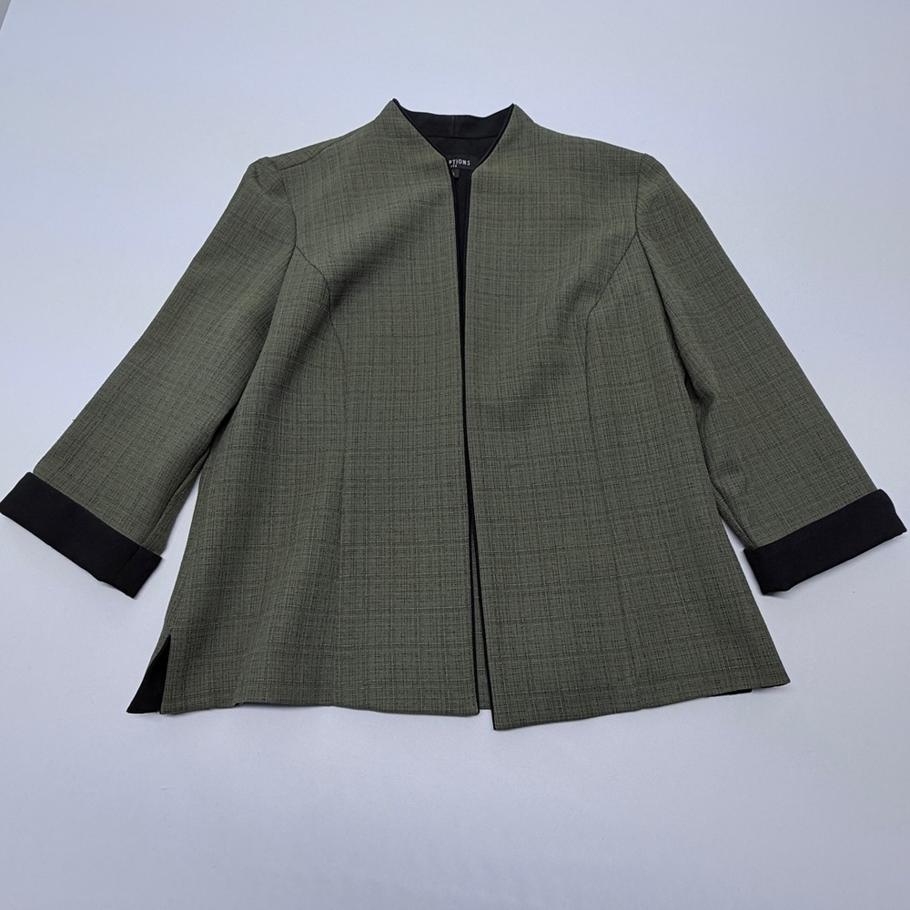 Perceptions Petite Womens 8P Olive Green Textured Open Front Blazer Jacket Black